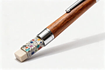 Close-up of a wooden pen with a colorful, speckled eraser tip and metallic accents