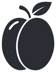 Simplified Plum Icon with Stem and Leaf Close-up of Fruit Glyph Design