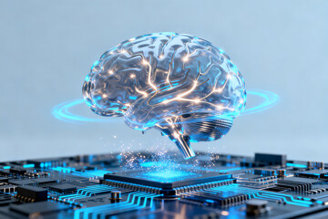 Digital brain hovering over a circuit board with glowing neural pathways and energy effects