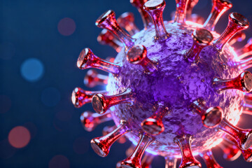 Close-up visualization of a virus particle with spike proteins under microscopic view