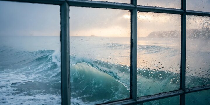Fototapeta Stormy ocean waves seen through a window with raindrops, dramatic weather and sea view.