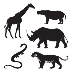 Collection of black silhouettes of diverse animals including a giraffe hippopotamus rhinoceros plesiosaur and tiger on a white background
