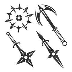 Collection of stylized medieval and fantasy weapons including a mace axe spear and shuriken isolated on a white background