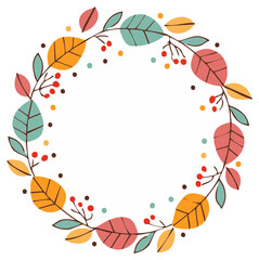 Decorative Autumn Wreath with Colorful Leaves Berries and Dots Illustration