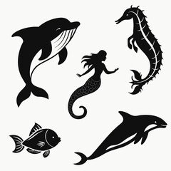Collection of black silhouette illustrations featuring a happy dolphin a mythical mermaid a seahorse and a small fish against a white background