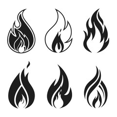 Collection of stylized black and white flame icons representing fire in various artistic designs and shapes