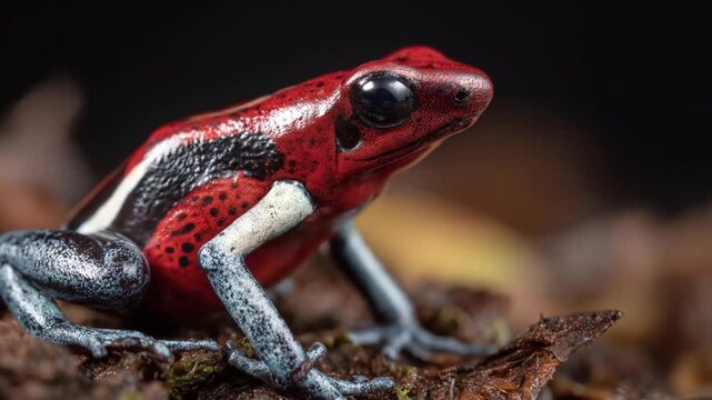 Vibrant red poison dart frog close up isolated on dark background
