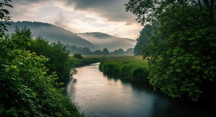 Obraz premium Misty river landscape for meditation and relaxation with calming green scenery