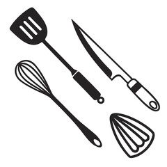 A collection of essential kitchen utensils including a spatula whisk knife and citrus juicer depicted as simple black silhouettes on a white background