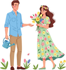 Romantic Couple in Flower Garden with Watering Can and Bouquet of Flowers, Spring Love Scene, Nature, Floral Outfit, Vector