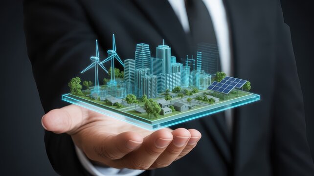 Businessman presenting a sustainable city model with solar panels and wind turbines in hand