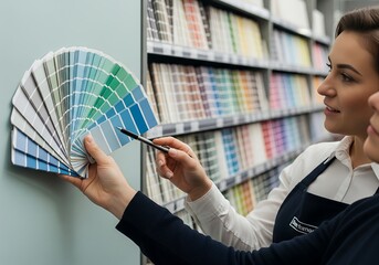 Woman points to color swatch at hardware store, discussing options with a colleague, creating a collaborative and informed decision, feeling optimistic.