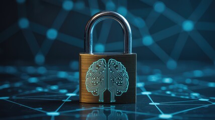 Secure digital brain concept with padlock and circuit board design, cyber security