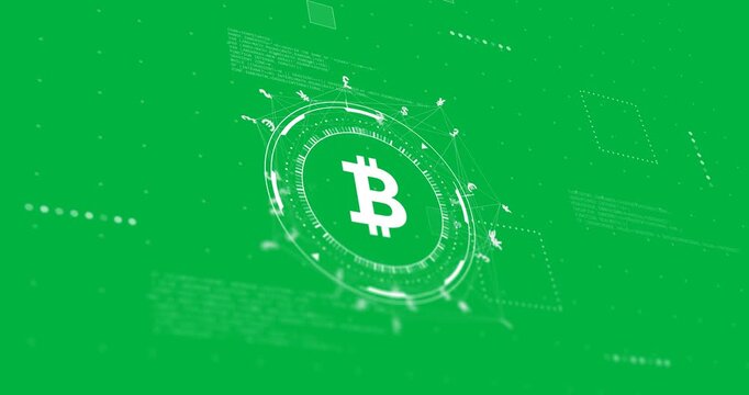 Animation of bitcoin icon, scope scanning and data over transparent background