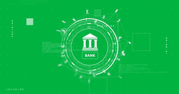 Animation of bank icon, currency symbols, connections and data over transparent background