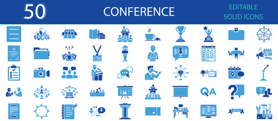 Conference icons set. Meeting, microphone, podium, presentation, networking, badge, communication, teamwork, event, award and seminar. Editable solid icons.