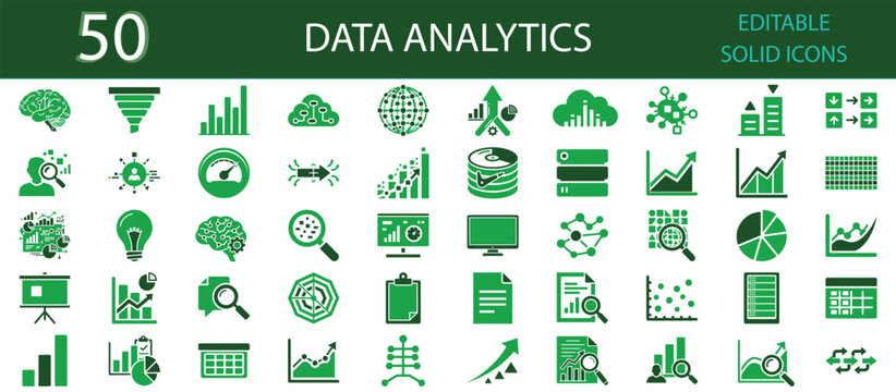 Data Analytics Solid Icons &ndash; Vector Pack of 50 Editable Symbols for Business Intelligence, Big Data, Charts, Graphs, Dashboards, Reporting, KPI Tracking, and Digital Transformation Projects