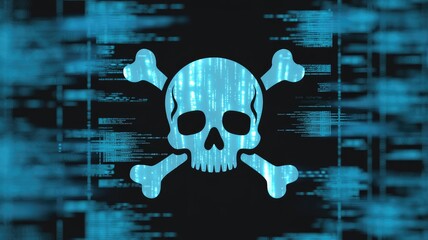 Cybersecurity alert with skull and crossbones over data streams, warning of digital threats