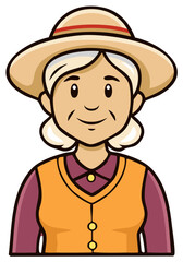 Cartoon illustration of senior woman with hat wearing shirt and vest