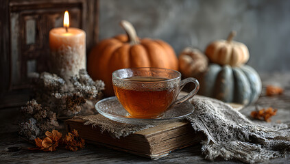 Cozy warm autumn composition with cup of hot tea, burning candle, open book and pumpkins on wooden background. Autumn home decor. Fall mood. Thanksgiving. Halloween