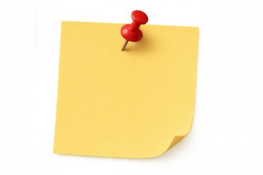 Yellow sticky note with red pushpin, blank paper for reminder, message, copy space on transparent background