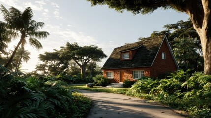 Tropical house in lush garden daylight