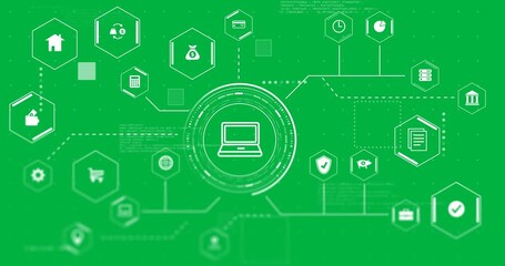Animation of scanner processing laptop and network of financial icons on transparent background - Powered by Adobe