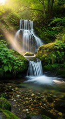 Beautiful waterfall cascading over rocks in a lush green forest setting
