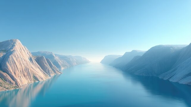 Turquoise Fjord Surrounded by Rocky Mountains Under Clear Blue Sky with Cinematic Lighting and a Serene Landscape in a Remote Location