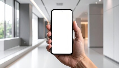Hand Holding Smartphone with Blank White Screen Display in Modern Office Building with Blurred Background