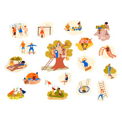 Children enjoying outdoor activities and playing in a park, a treehouse, and playground