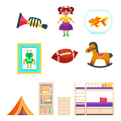 Collection of toys and children's room furniture, including a tent, rocking horse, and bunk bed