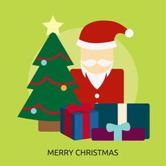 Merry Christmas Greeting Card with Santa Claus, Christmas Tree and Gifts