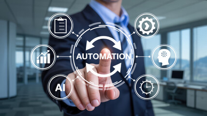 Businessman activating automation technology interface, AI, and data analysis in modern office