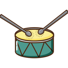 Illustration of a cartoon drum and drumsticks, musical instrument for rhythm and sound creation