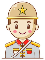 Naklejka premium Cartoon soldier wearing a helmet with a star, and grey military uniform.