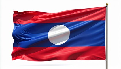 Vibrant Lao flag waving proudly against a bright sky, symbolizing national pride, patriotism, and culture, perfect for travel, tourism, and global campaigns