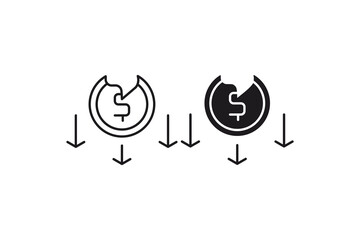 Money loss icon with falling arrows and two dollar coins represents financial loss. Suitable for finance and investment related concepts.