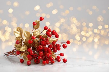 A vibrant holiday bouquet featuring rich red berries and sparkling gold leaves is arranged on a clean white background and framed by soft, twinkling bokeh lights for a wintery feel.