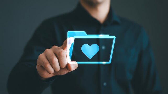 Man touching virtual folder with heart icon, symbolizing data, love, and digital connection