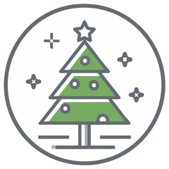 Stylized Christmas Tree Icon in Circle with Star and Ornaments