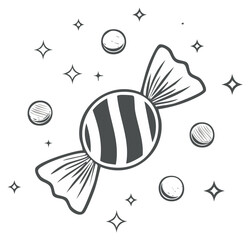 Hand drawn black and white illustration of a striped candy in a wrapper with sparkles
