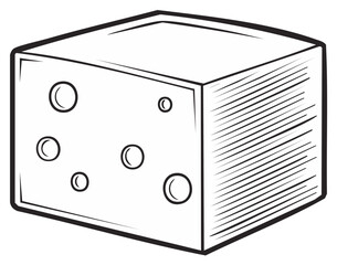 Hand drawn block of Swiss cheese with holes black and white vector illustration