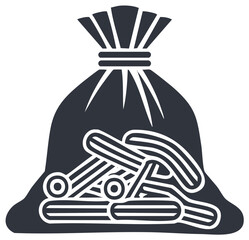 Archaeological discovery glyph with ancient tools or bones in a sack