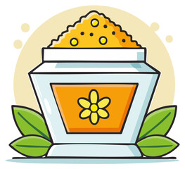 Wholesome natural product container with golden granules, sweet floral accent, and fresh green leaves