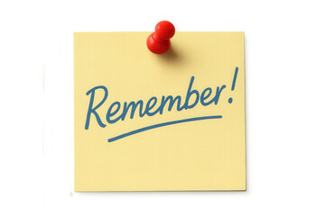 Yellow sticky note with remember! text and red push pin, highlighting important upcoming message or reminder