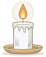 Cartoon drawing of a single lit white candle with melting wax and a warm glowing flame