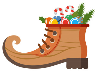 Festive elf shoe brimming with holiday candy canes colorful ornaments and winter seasonal decor