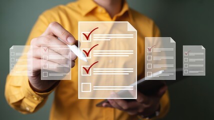 Person completing checklist with digital pen, achieving goals and marking success with checkmarks