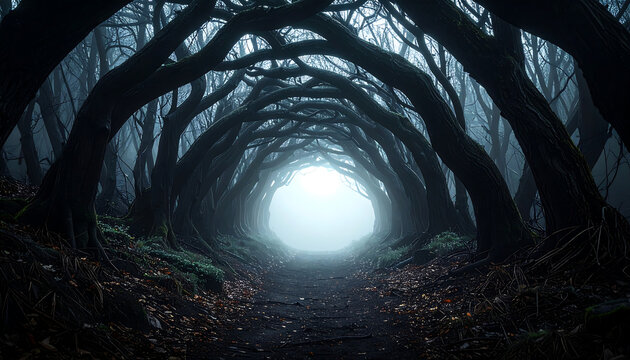 Mysterious dark forest tunnel with bright light at the end.